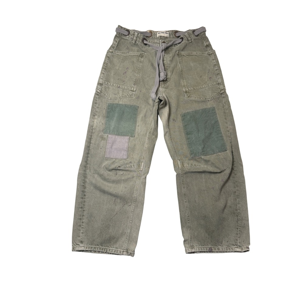 We The Free People Tinsley Patchwork Carpenter Pants Olive Green 29 Wide Leg - Picture 2 of 8